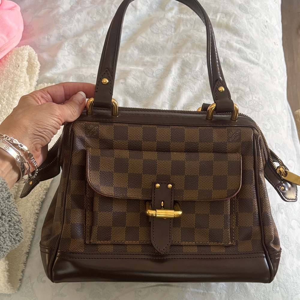 Louis Vuitton Brown Checkered Satchel with Gold Accents